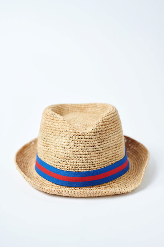 Natural colored crochet straw fedora hat with royal & red stripe band.