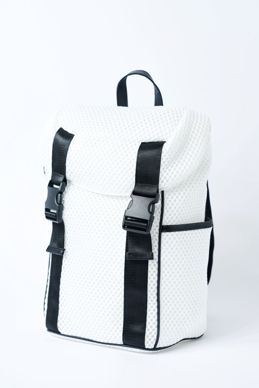 White mesh backpack with leather details and clear drawstring top.
