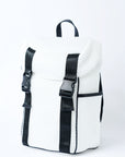 White mesh backpack with leather details and clear drawstring top.