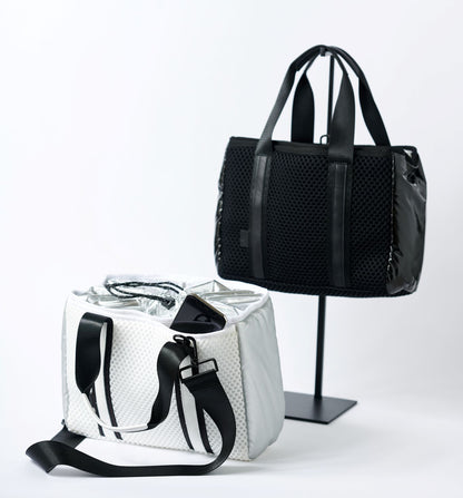 Collection of 2 small mesh totes with crossbody strap and shiny silver cinch top.