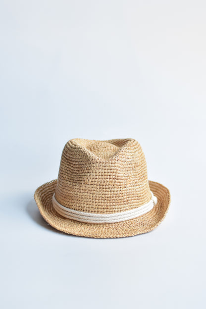 Natural colored crochet straw fedora hat with ivory rope band.