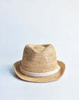 Natural colored crochet straw fedora hat with ivory rope band.