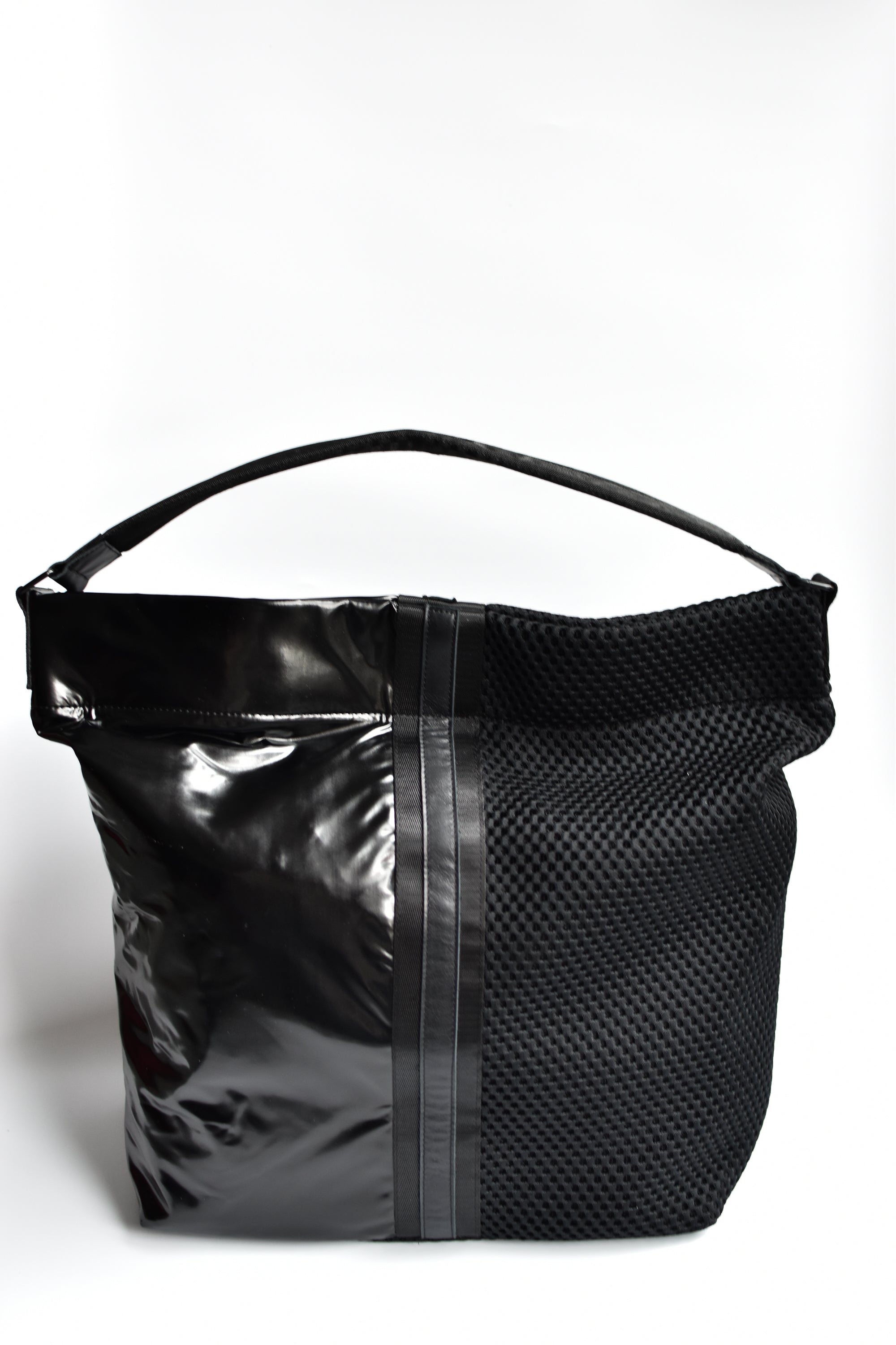 Black mesh and glossy vinyl sporty tote bag with black leather and webbing details.