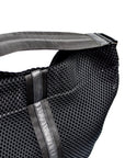 Black sporty mesh tote bag with black leather and webbing details.