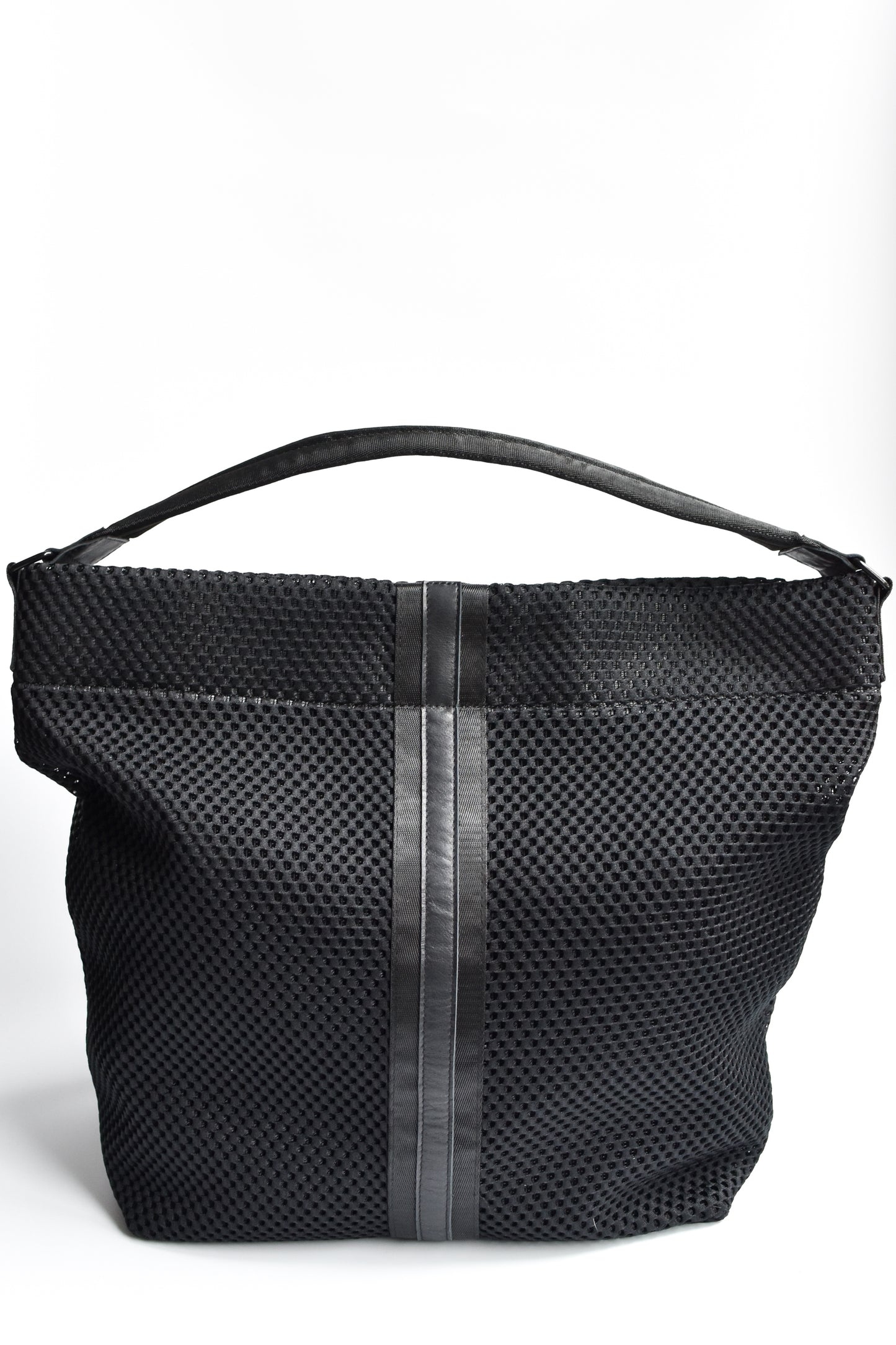 Black sporty mesh tote bag with black leather and webbing details.
