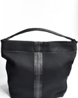 Black sporty mesh tote bag with black leather and webbing details.