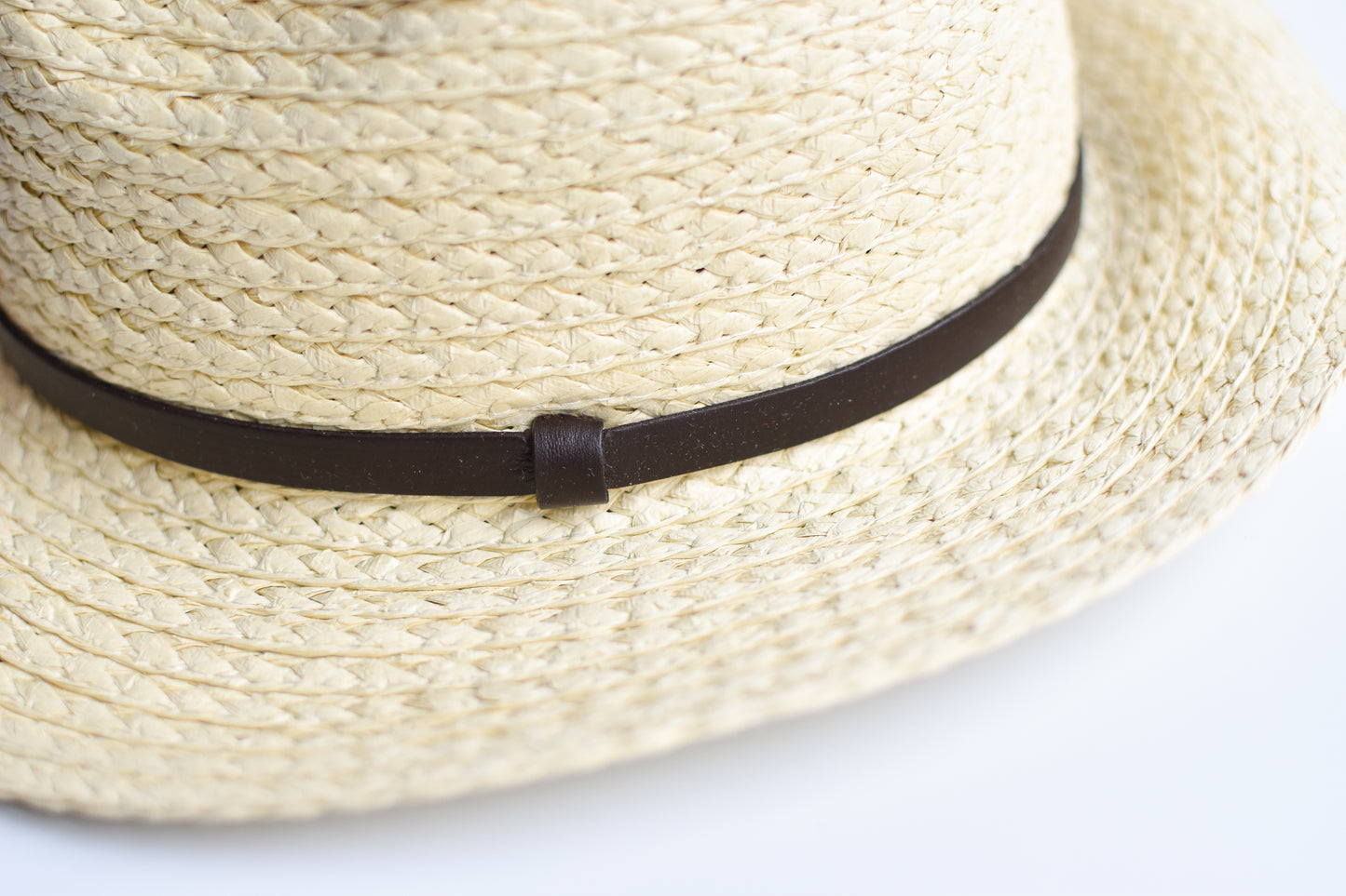 Close up of natural straw panama hat with thin brown leather band.