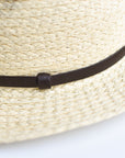 Close up of natural straw panama hat with thin brown leather band.