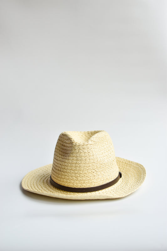 Natural straw panama hat with thin brown leather band.