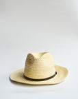 Natural straw panama hat with thin brown leather band.