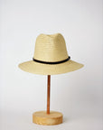 Natural straw panama hat with thin brown leather band.