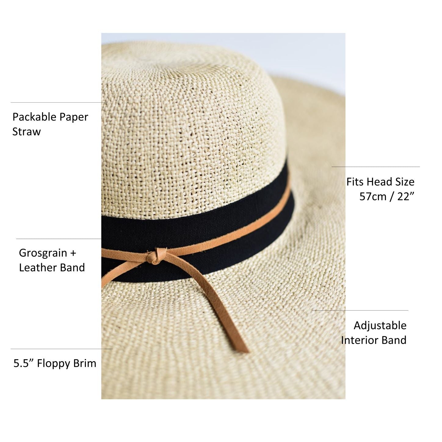 Natural floppy straw hat with black grosgrain ribbon and thin brown leather band.