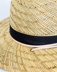 Close up of tan leather chin strap and black band detail on straw lifeguard hat. 