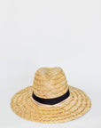 Straw lifeguard hat with tan leather chin strap and black band detail.