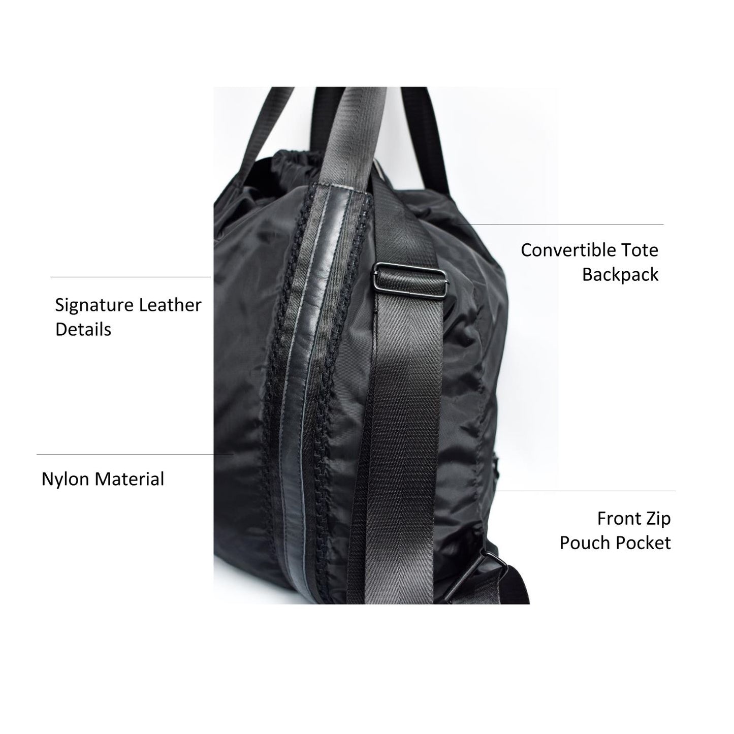 Black nylon convertible backpack tote with leather details.
