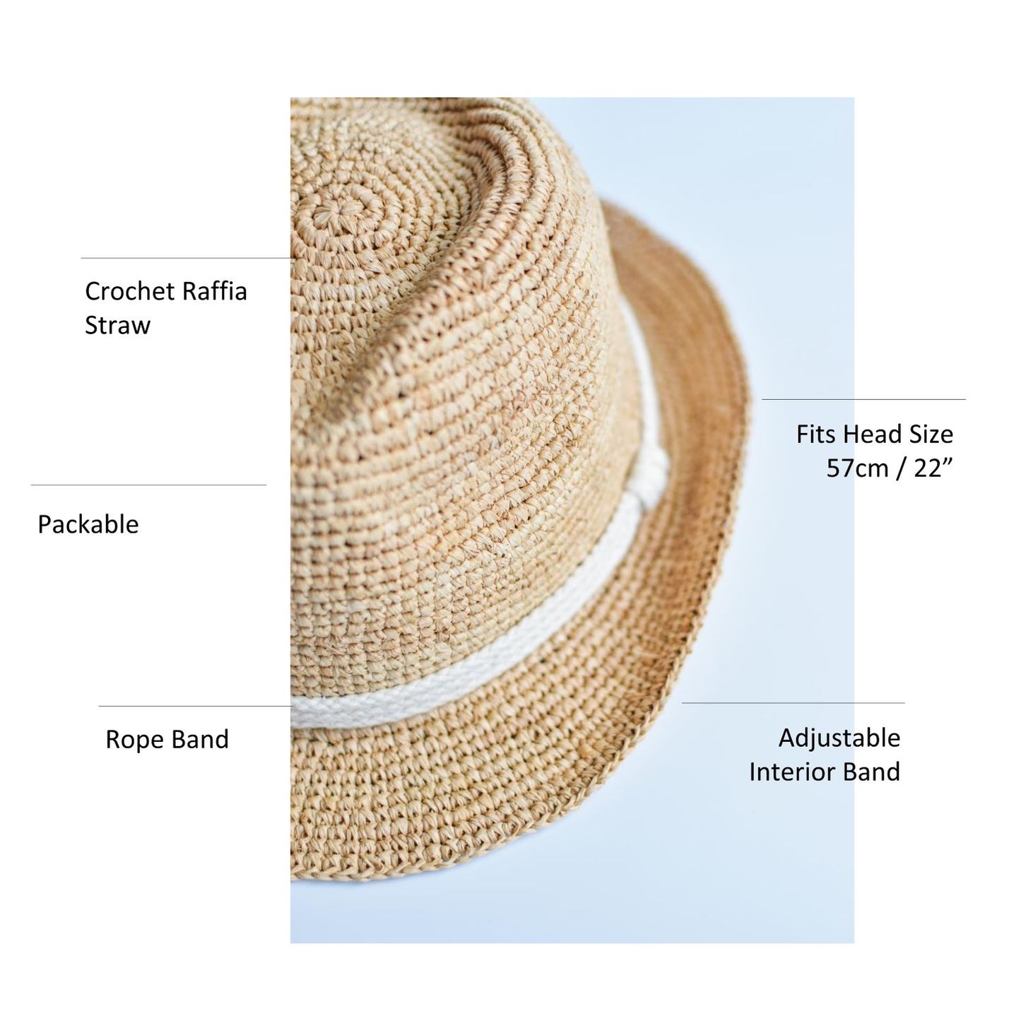 Natural colored crochet straw fedora hat with ivory rope band.