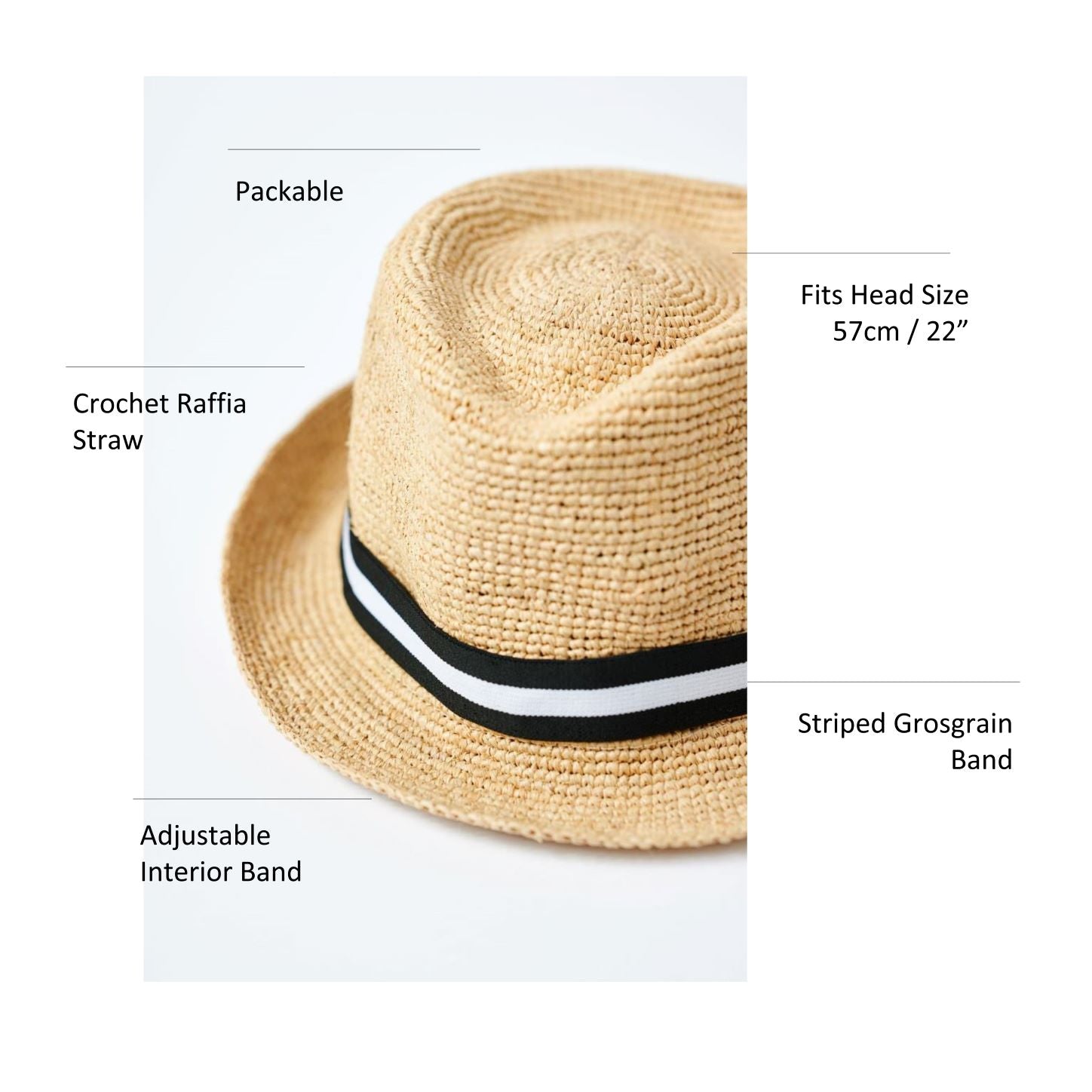 Natural colored crochet straw fedora hat with black &amp; white stripe band.