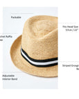 Natural colored crochet straw fedora hat with black & white stripe band.