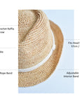 Natural colored crochet straw fedora hat with ivory rope band.