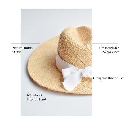 Natural raffia straw panama hat with white grosgrain tie.