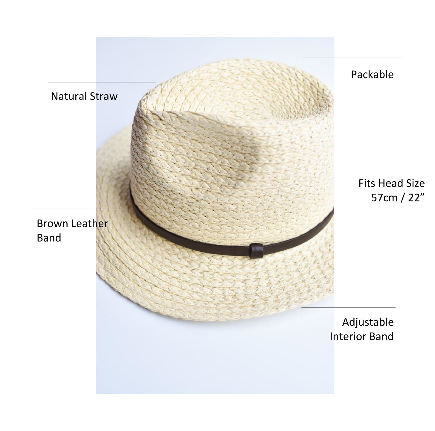 Natural straw panama hat with thin brown leather band.