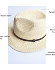 Natural straw panama hat with thin brown leather band.