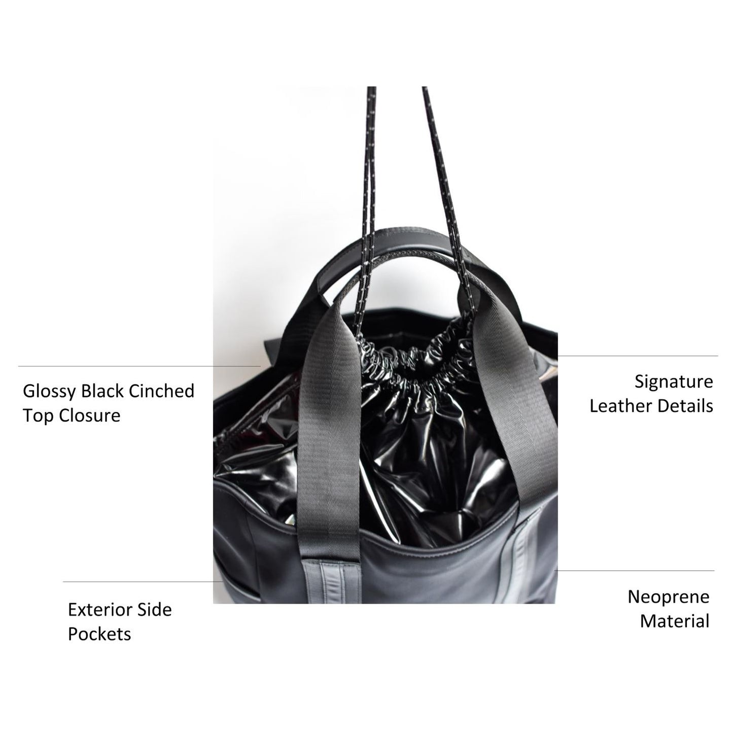 Black neoprene tote bag with high shine cinch top closure and leather details