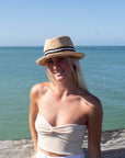 Person wearing natural colored crochet straw fedora hat with black & white stripe band.