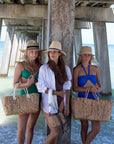 Collection of three straw bags in 3 sizes mini to XL, and 3 straw hats