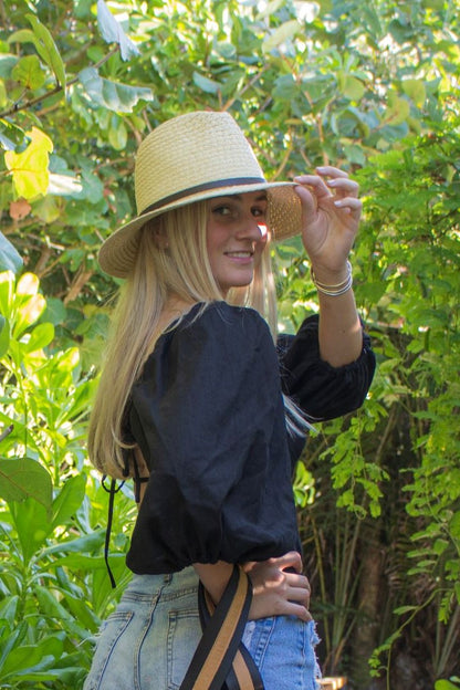 Person wearing a natural straw panama hat with thin brown leather band.