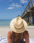 Person wearing a natural straw panama hat with thin brown leather band.