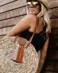 person wearing seagrass round straw bag with leather handles and suede tassel closure and crochet straw fedora. 