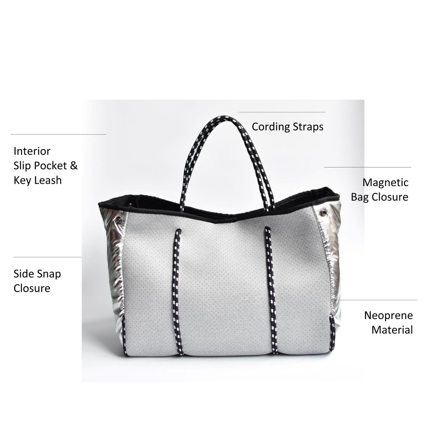 Perforated gray neoprene tote bag with black cord handle and adjustable high shine silver sides.