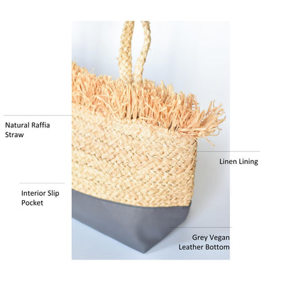 Natural raffia straw tote with linen lining and gray color block base.