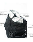 Black mesh backpack with leather details and shiny silver drawstring top.