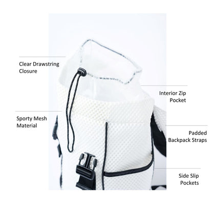 White mesh backpack with leather details and clear drawstring top.