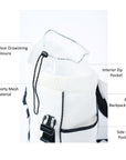 White mesh backpack with leather details and clear drawstring top.