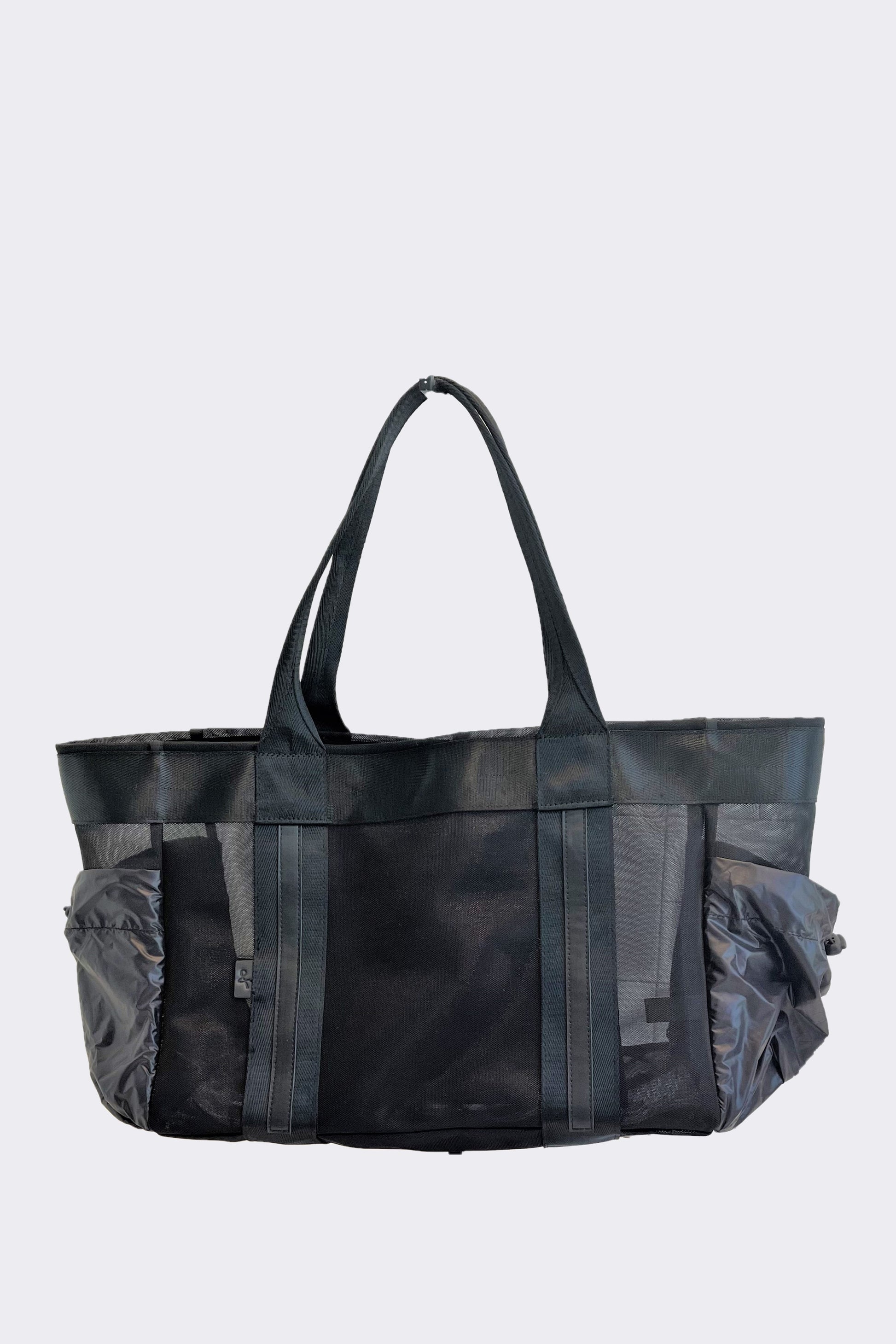 medium sized black mesh beach bag with leather details
