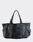 medium sized black mesh beach bag with leather details