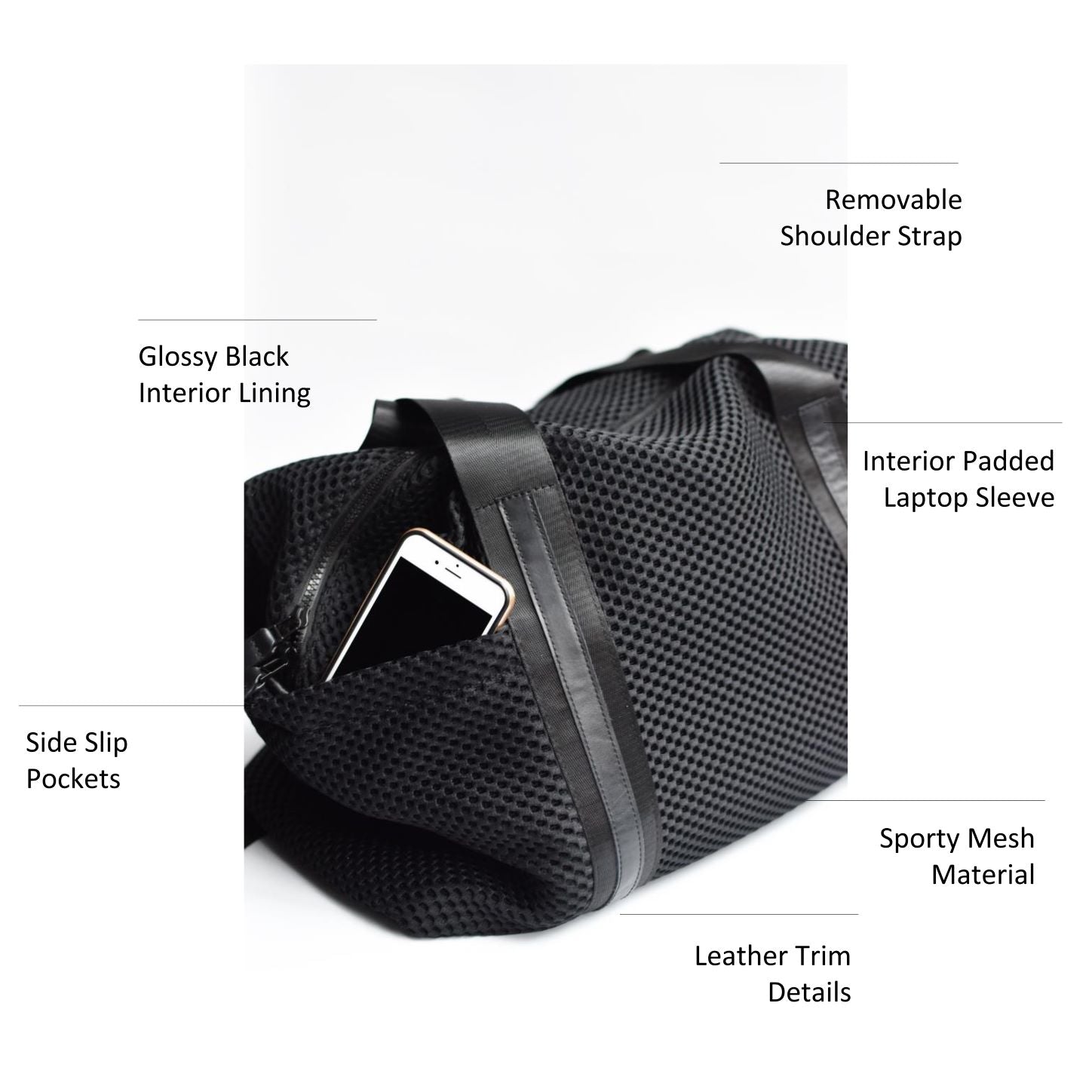 Black mesh duffel bag with leather trim details and black glossy liner.