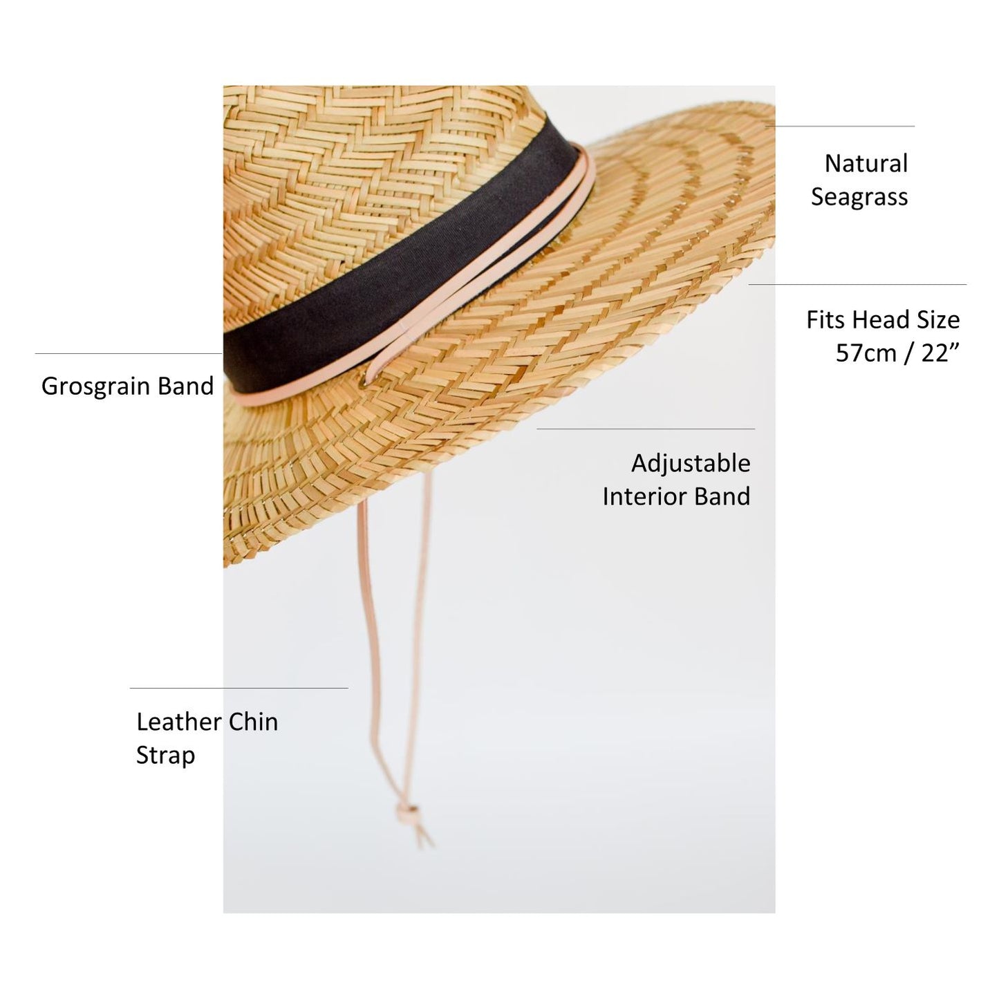 Straw lifeguard hat with tan leather chin strap and black band detail.