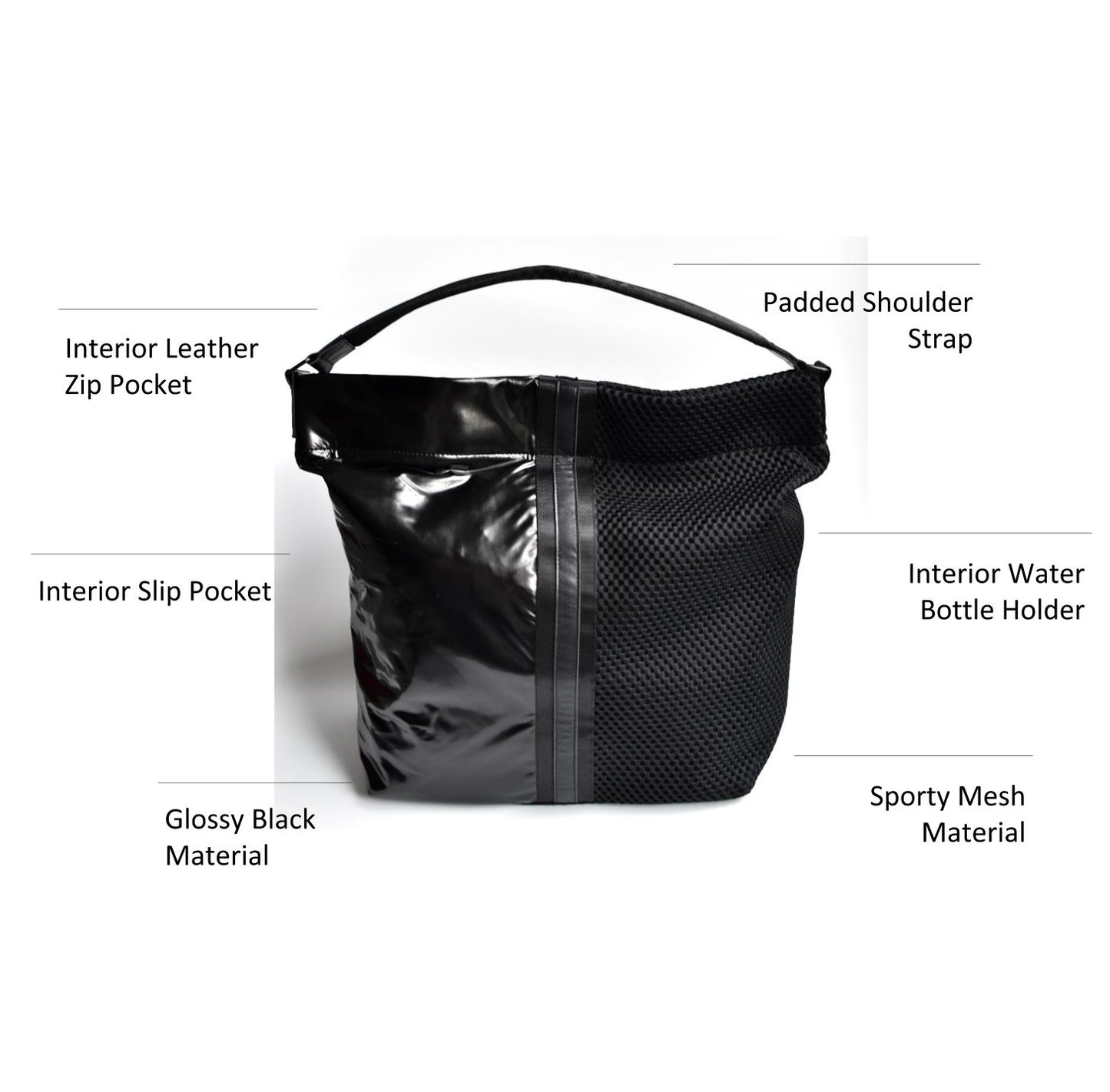 Black mesh and glossy vinyl sporty tote bag with black leather and webbing details.