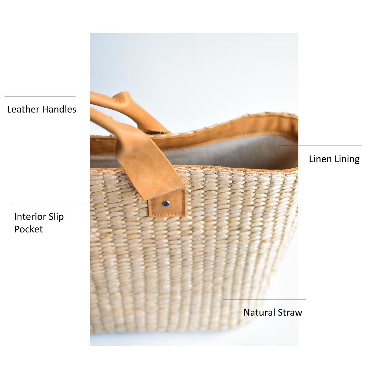 Large straw tote bag finished with natural leather handles and linen lining.